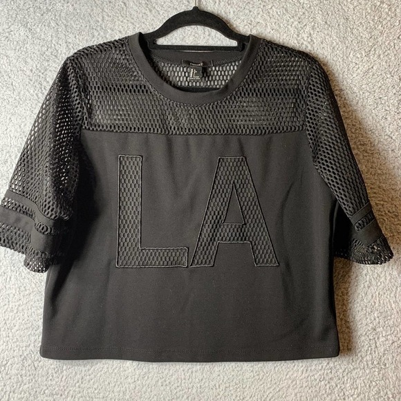 Forever 21‎ LA Top Womens Large Black LA Monogram Hole Knit Top - Picture 1 of 7